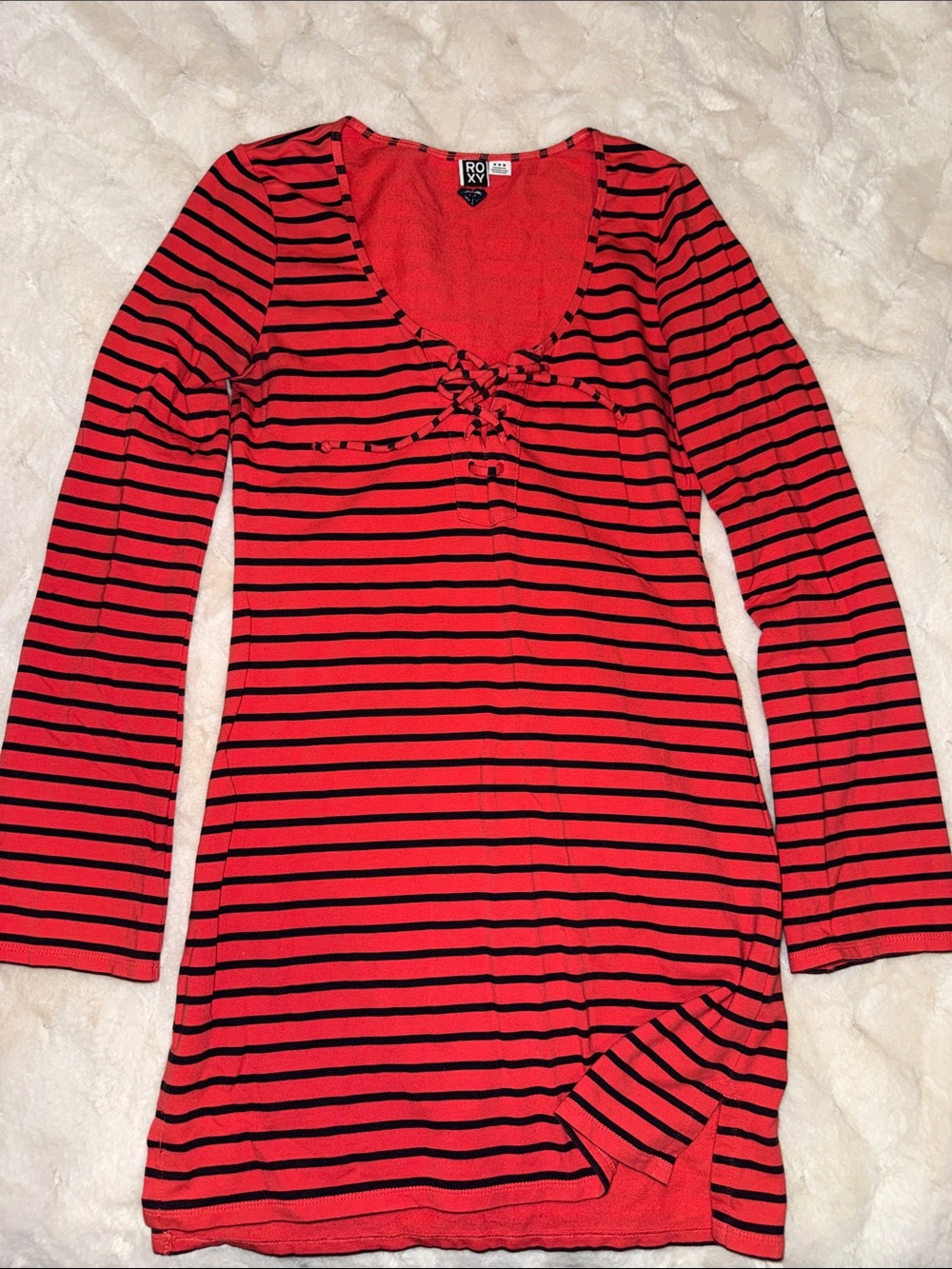 Roxy Orange and Navy Striped Long Sleeve Scoop Tie Top Dress